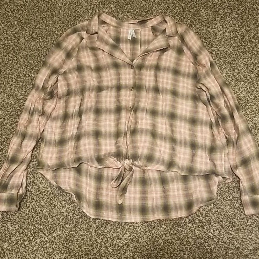 Pink/green/white tie up flannel